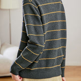 Casual Color‑Block Striped Drawstring Half‑Placket Knit Sweater