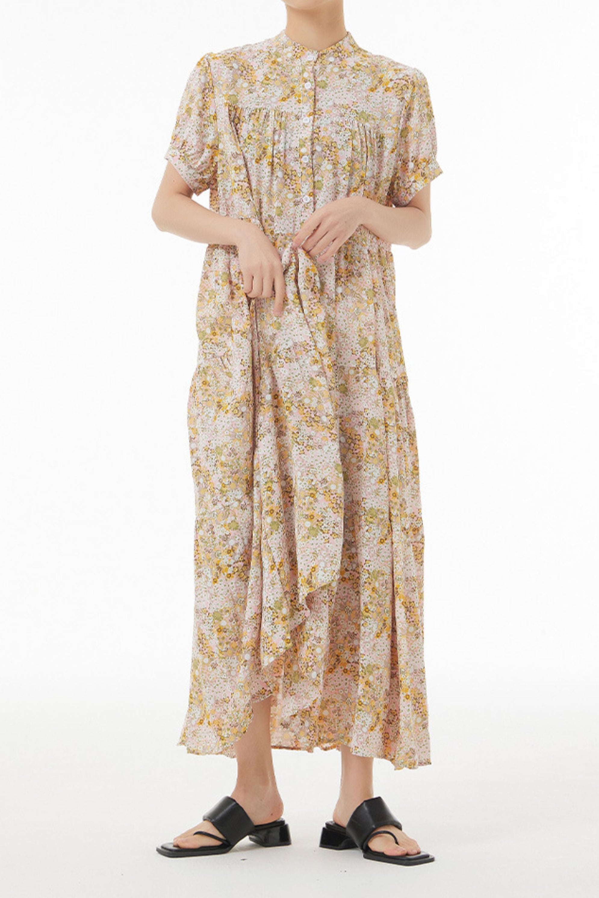 バンドカラー花柄ロングティアードワンピース　3色入 - liwisi