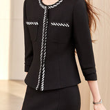 Elegant Commuter Contrast Webbing Crew Neck Long Sleeve Coat