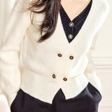Faux Two-Piece Double Button Bi-Color V-Neck Knit
