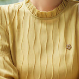 Ruffled Collar Flower Brooch Decor Striped Blouse - 3 Colors Available