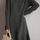 Elegant Commuter Crew Neck Long‑Sleeve Tie‑Waist Base Knit Midi Dress
