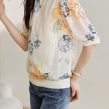 Round Neck Flower Embroidered Printed T-Shirt with Lining