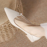 Genuine Leather Pearl Decor Low Heel Pumps - 2 Colors Available