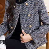 Elegant Marled Tweed Raw‑Edge Fringe Double‑Breasted Coat