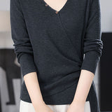 Casual Single‑Breasted Cross V‑Neck Side Tie Knit Top