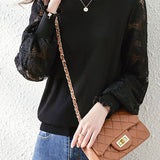 Elegant Temperament Patchwork Lace Puff Sleeve Knitted Top