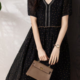 Elegant Polka Dot Pleated V-Neck Dress