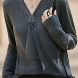 Elegant Commuter V‑Neck Ribbon Long‑Sleeve Knit Sweater
