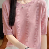 Elegant Short-Sleeve Knit Top With Water Ripple Pattern