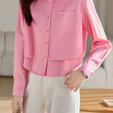 Casual Solid Color Shirt With Single Patch Pocket & Front Pleats