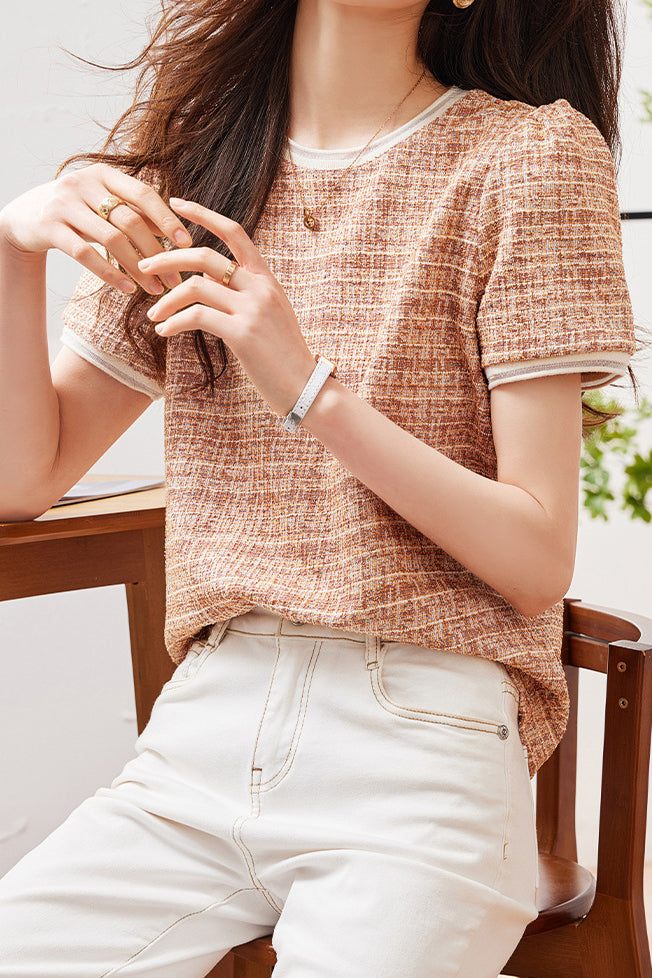 シャネル風ラウンドネックチェックTシャツ - liwisi