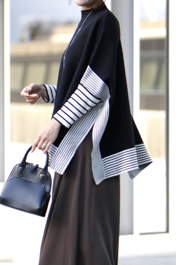 Irregular Stripe Split Loose Knit Sweater - liwisi