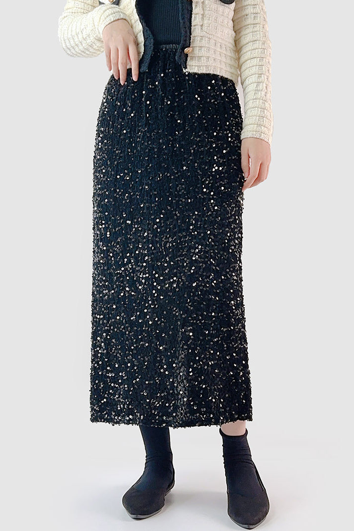 バックスリットグリッター装飾ベロアスカート　裏地付　3色入 - liwisi