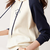 Cuffed Bi-Color Embroidered Drawstring Hooded Sweatshirt