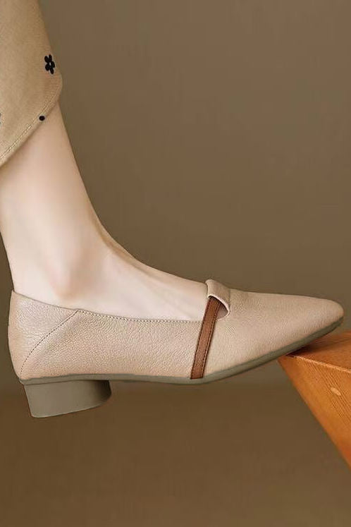 Casual Block Heel Soft Leather Pointed Toe Low Heel Shoes - liwisi