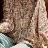 French Vacation Mini V‑Neck Puff Long‑Sleeve Floral Blouse