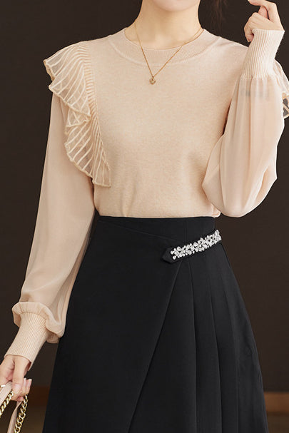 Asymmetrical Design French Lace Contrast Round Neck Knit - liwisi