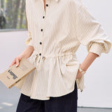 Elegant Casual Lapel Striped Waist-Cinched Long Sleeve Blouse