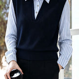 Elegant Commuter Lapel Spliced Striped Long‑Sleeve Knit Sweater