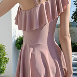 Asymmetrical ruffle skirt one-piece swimsuit