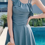 Asymmetrical ruffle skirt one-piece swimsuit