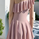 Asymmetrical ruffle skirt one-piece swimsuit