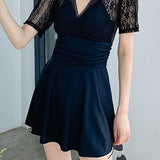 V-neck halter tie skirt one-piece swimsuit