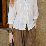 Exquisite Vacation V‑Neck Three‑Quarter‑Sleeve Blouse With Lace Trim