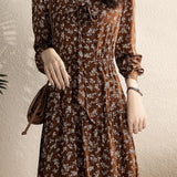 Exquisite Commuter Floral‑Print V‑Neck Long‑Sleeve Dress With Ribbon Bow