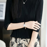 Casual Floral Embossed Vertical Stripe Crew Neck Knit Top