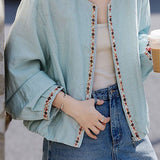 Elegant Commuter Crew Neck Zip Long-Sleeve Coat With Beaded Details