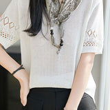 Casual Round Neck Scarf Decor Short Sleeve Knit Sweater