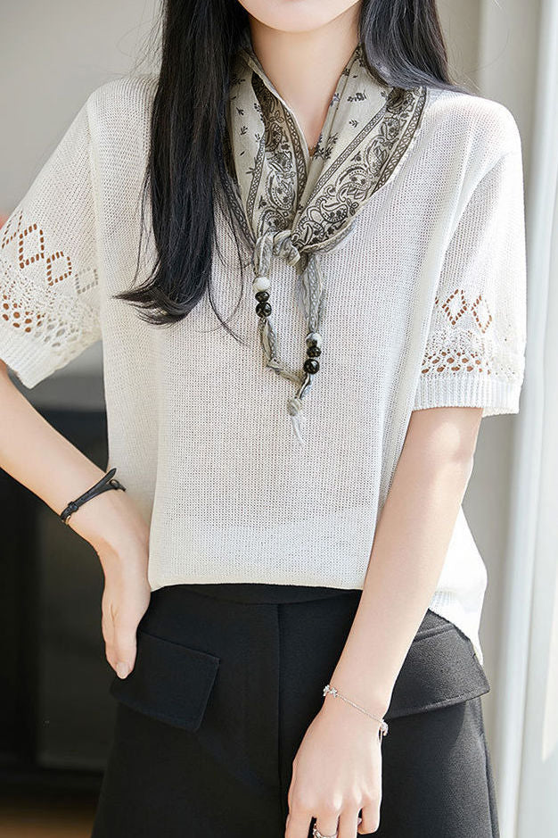 Casual Round Neck Scarf Decor Short Sleeve Knit Sweater