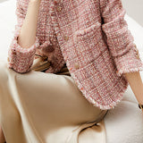 Chanel-Inspired Round Neck Fringe Tweed Jacket with Lining