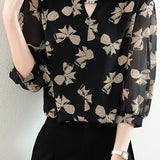 Lubang kunci leher bijou hiasan ribbon print puff blaus