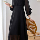 French Elegant Crew Neck Waist-Cinched Three-Quarter Sleeve Chiffon Dress