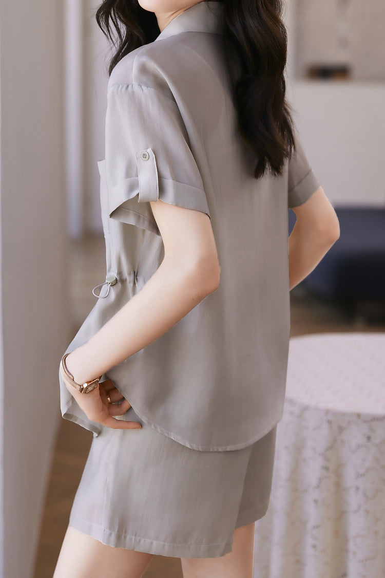 二点セット　ドローストリングシンプルシャツ＋サイドポケットシンプルショートパンツ　裏地付 - liwisi