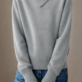 Casual Asymmetric‑Button Turtleneck Long‑Sleeve Knit Top