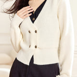 Faux Two-Piece Double Button Bi-Color V-Neck Knit