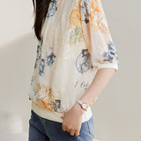 Round Neck Flower Embroidered Printed T-Shirt with Lining