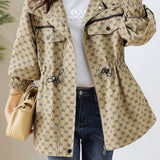 Casual Commuter Hooded Printed Elastic‑Waist Long‑Sleeve Coat