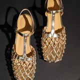 Retro Hollow Mesh Woven T-Strap Sandals - liwisi