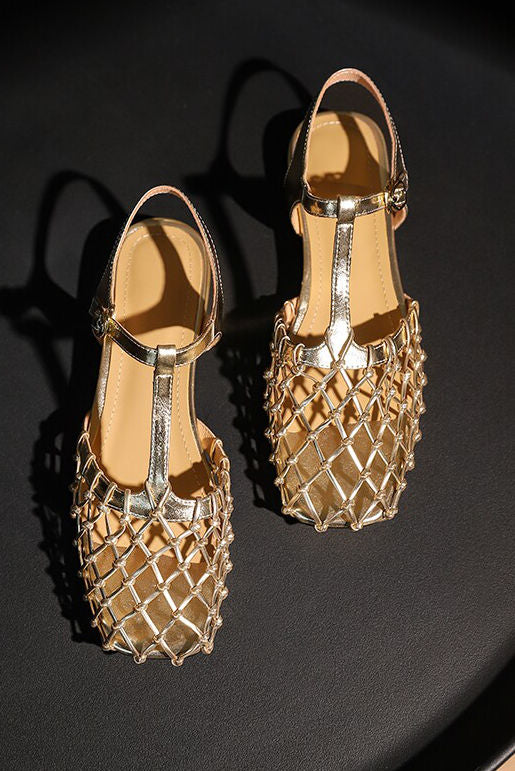 Retro Hollow Mesh Woven T-Strap Sandals - liwisi