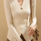 Elegant Asymmetrical V-Neck Long-Sleeve Knit Top