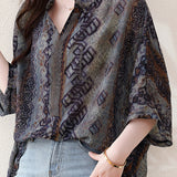 Skipper Collar Rhinestone Decor Printed Tunic