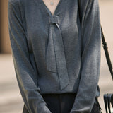 Elegant Commuter V‑Neck Ribbon Long‑Sleeve Knit Sweater