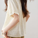 Temperament Lace Round Neck Embroidery Short Sleeve Shirt