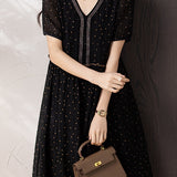 Elegant Polka Dot Pleated V-Neck Dress
