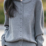 Elegant Commuter Loose Hooded Knit Cardigan With Round Buttons